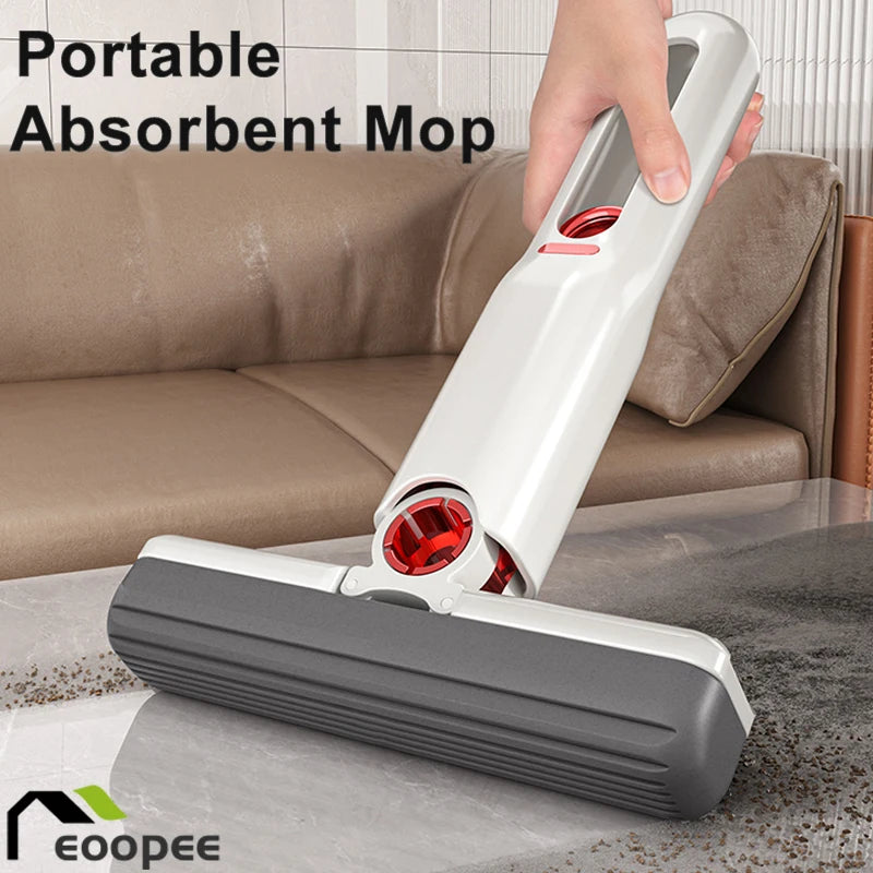 Portable absorbent mop being used on a carpet with a sofa in the background, featuring the brand 'Eoopee'. Portable mini mop with microfiber sponge head and self-squeeze pole. Perfect for multiple surfaces, compact design, easy to use. Fast UK shipping.