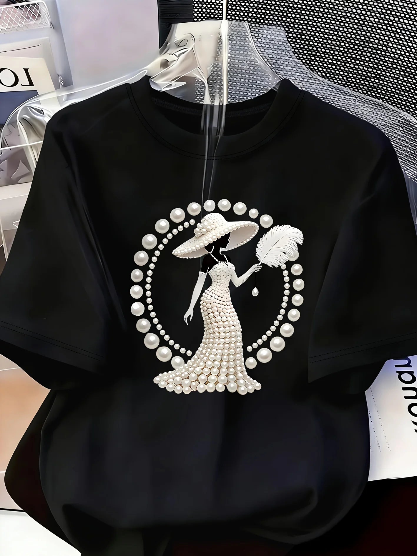 Pearl print women's t-shirt black round neck short sleeve casual top