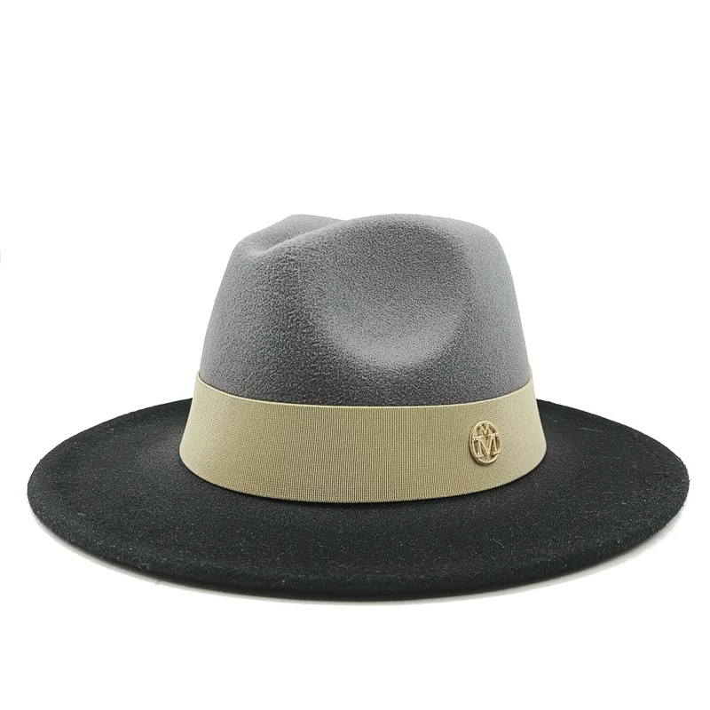 Gray and black fedora hat with a beige band on a white background. Unisex double fedora hat, dual color gradient tie-dye, casual jazz style, cotton-polyester mix, suitable for outdoor autumn and spring.