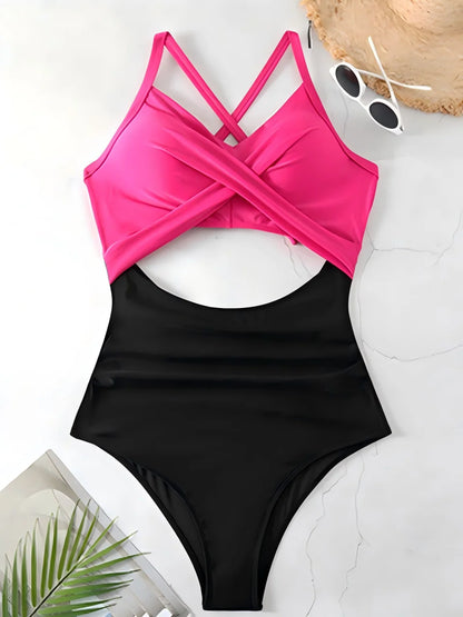 Pink ruched one-piece swimsuit adjustable strap — women swimwear S M L XL XXL