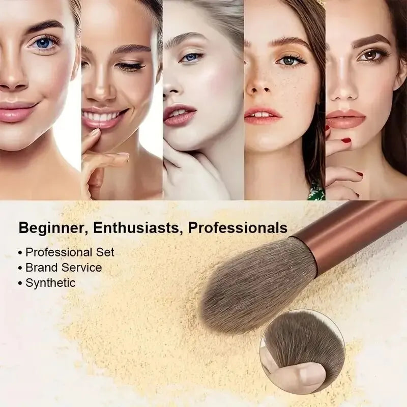 Collage of women's faces with makeup products and text about brush types. Soft fluffy makeup brush set with wool fiber bristles and plastic handles. Complete set for powder, foundation, eyeshadow, and beauty blending.