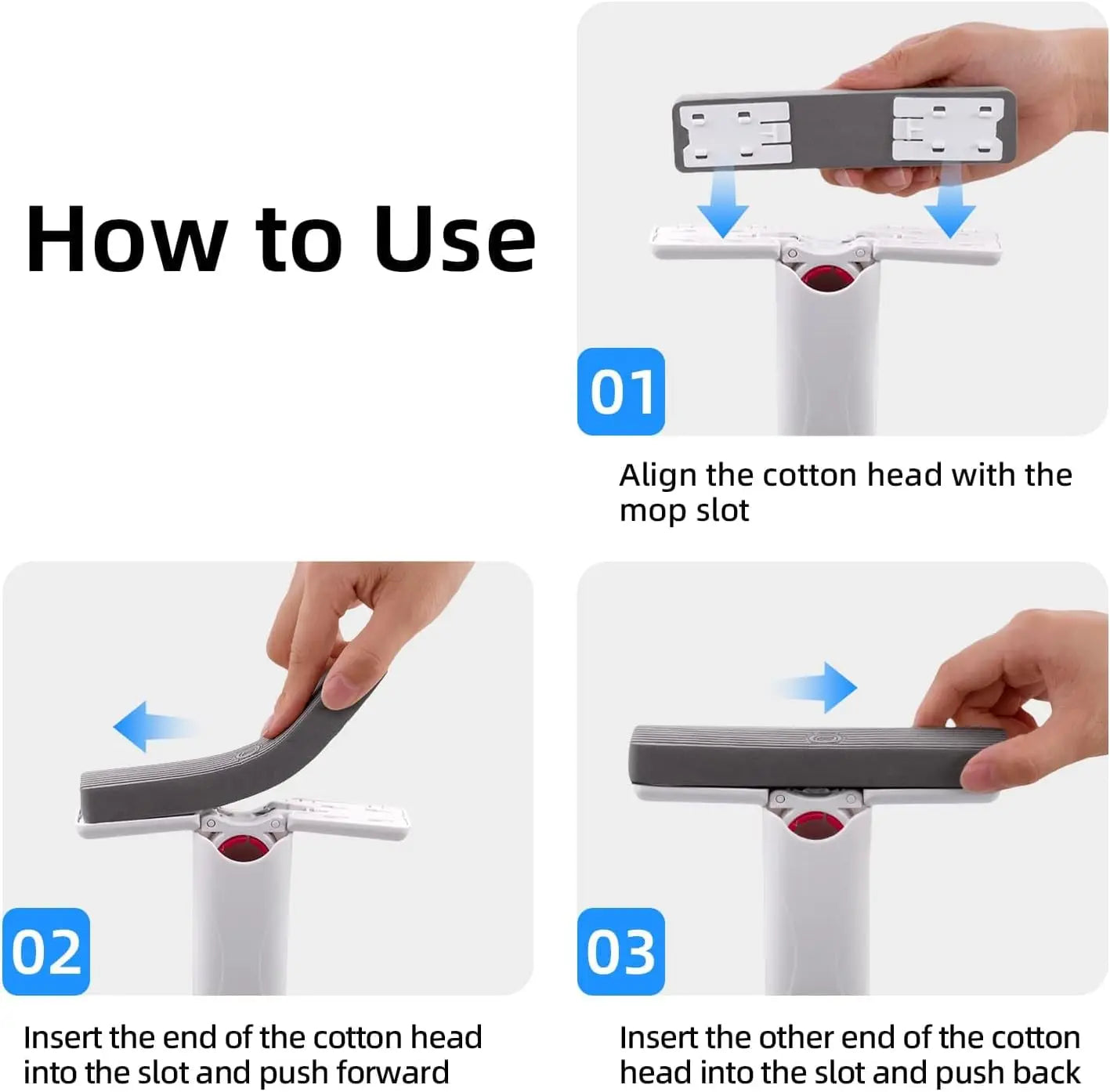 Instructions on how to use a mop with cotton head insertion process. Portable mini mop with microfiber sponge head and self-squeeze pole. Perfect for multiple surfaces, compact design, easy to use. Fast UK shipping.