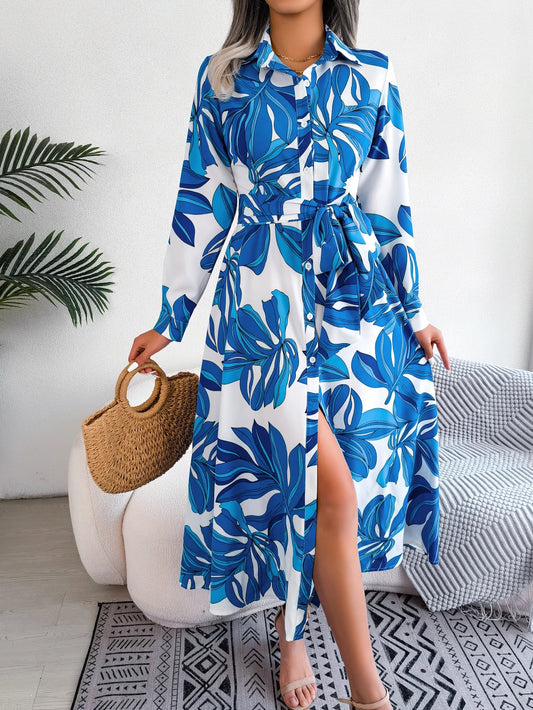 Casual Floral Print Long Sleeve Maxi Shirt Dress