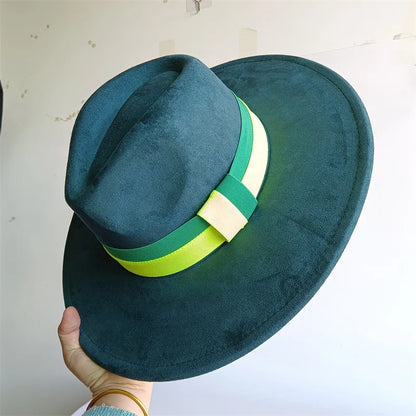 Green hat with a colorful band held against a light background