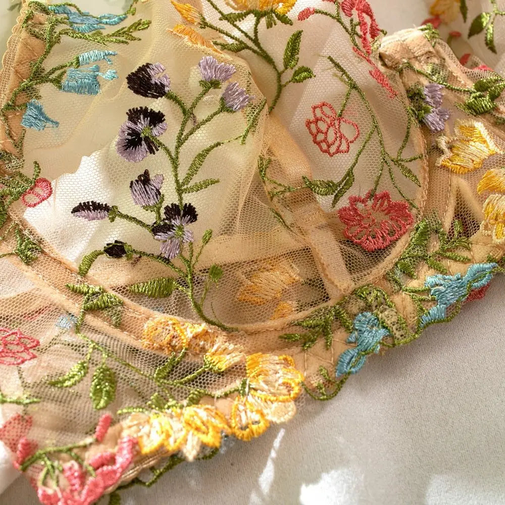 Close-up of embroidered fabric with floral patterns on a neutral background