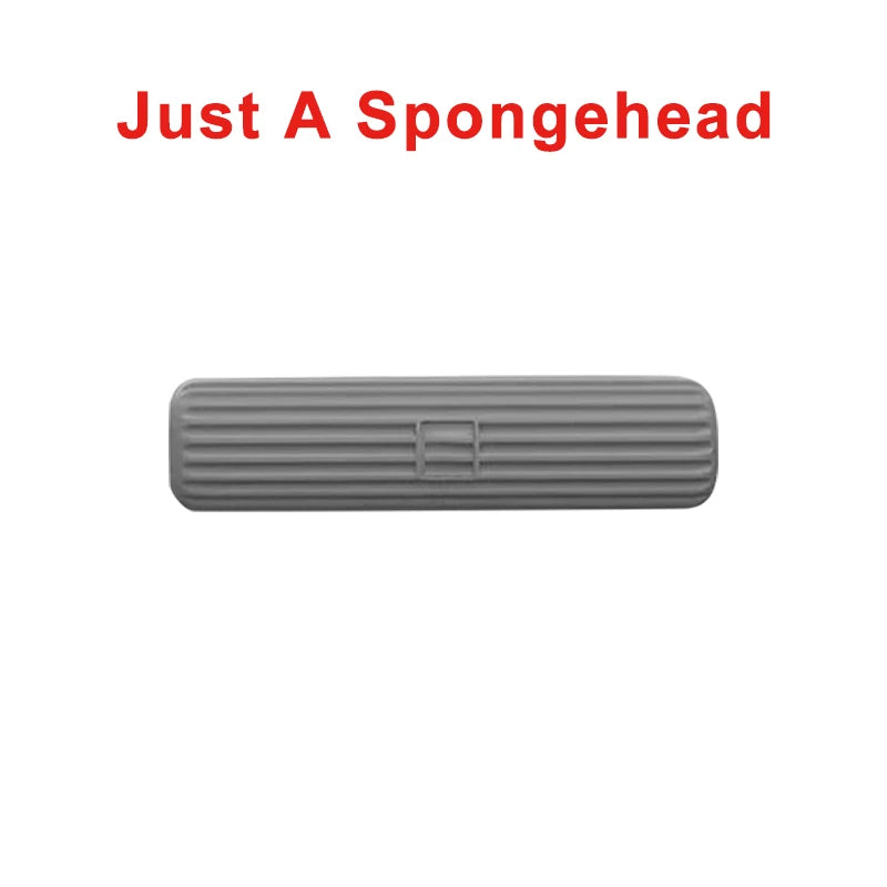 Gray sponge head on a white background with text 'Just A Spongehead' in red. Portable mini mop with microfiber sponge head and self-squeeze pole. Perfect for multiple surfaces, compact design, easy to use. Fast UK shipping.