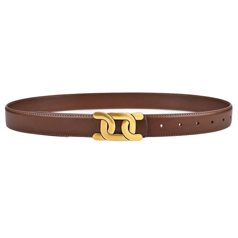 Brown belt with a gold buckle on a white background. Women’s retro fashion belt with 2.4cm PU strap, solid alloy buckle for jeans, skirts, and pants. Trendy UK accessory for casual and chic looks.