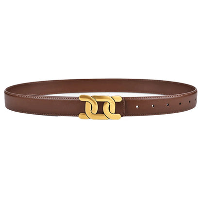 Brown belt with a gold buckle on a white background. Women’s retro fashion belt with 2.4cm PU strap, solid alloy buckle for jeans, skirts, and pants. Trendy UK accessory for casual and chic looks.
