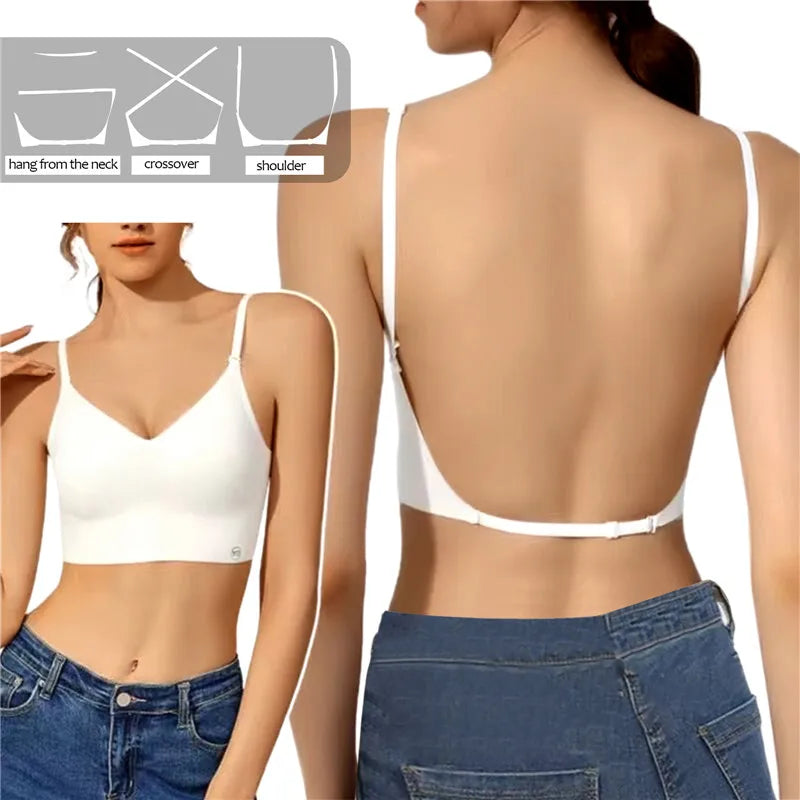 Seamless backless bra worn under open back dresses – hang from neck, shoulder and crossover strap options