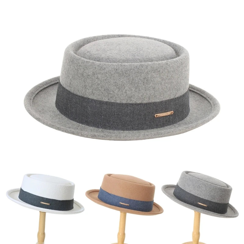 Set of gray, white, brown, and beige fedoras on stands against a white background. Fedora hat polyester unisex carnival mask, gentleman style, costume accessory, roll trim hat for party and carnival events.