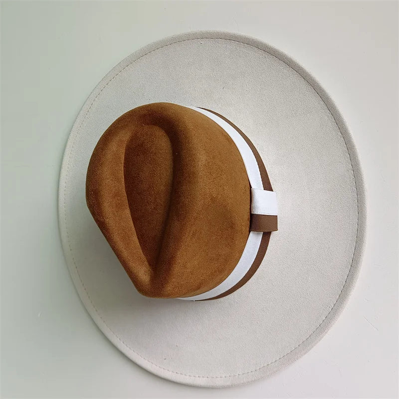 Brown hat with a white band on a light gray background