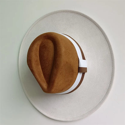 Brown hat with a white band on a light gray background