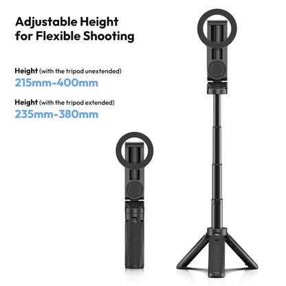Black adjustable tripod with height specifications on a white background. Compact magnetic phone tripod with wireless remote grip for MagSafe iPhone and Android. Lightweight, extendable selfie stick tripod for perfect shots.