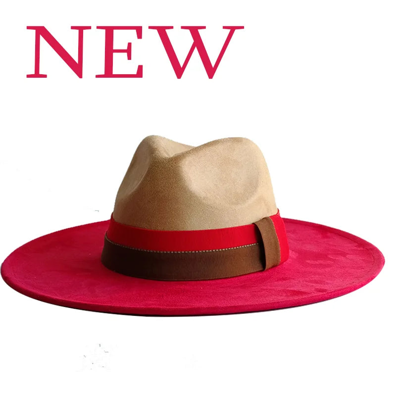 Beige and red hat with a brown band on a white background, featuring the word 'NEW' in pink text.