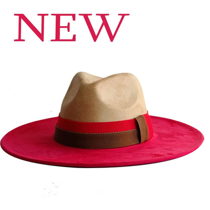 Beige and red hat with a brown band on a white background, featuring the word 'NEW' in pink text.