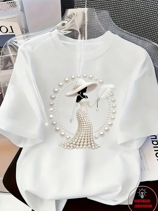 Pearl print women's t-shirt white round neck short sleeve casual top