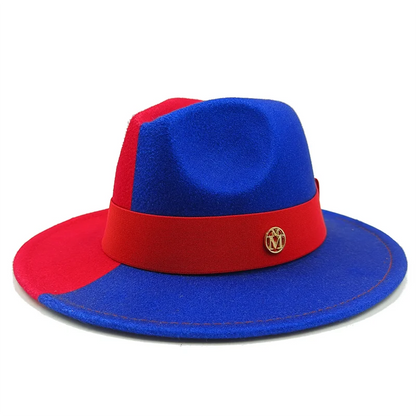 Blue and red hat with a logo on a white background. Unisex double fedora hat, dual color gradient tie-dye, casual jazz style, cotton-polyester mix, suitable for outdoor autumn and spring.