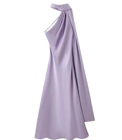 Lavender one-shoulder dress on a white background