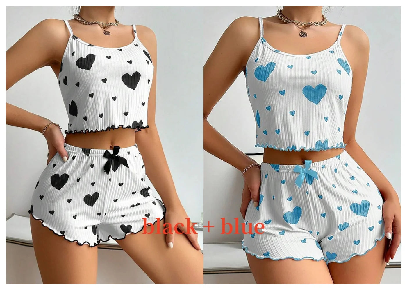 Two outfits with heart patterns on a white background. Soft women’s pajama set, 2 pieces white tank top and shorts, breathable fabric with love print, comfortable casual sleepwear, UK FTF Market.