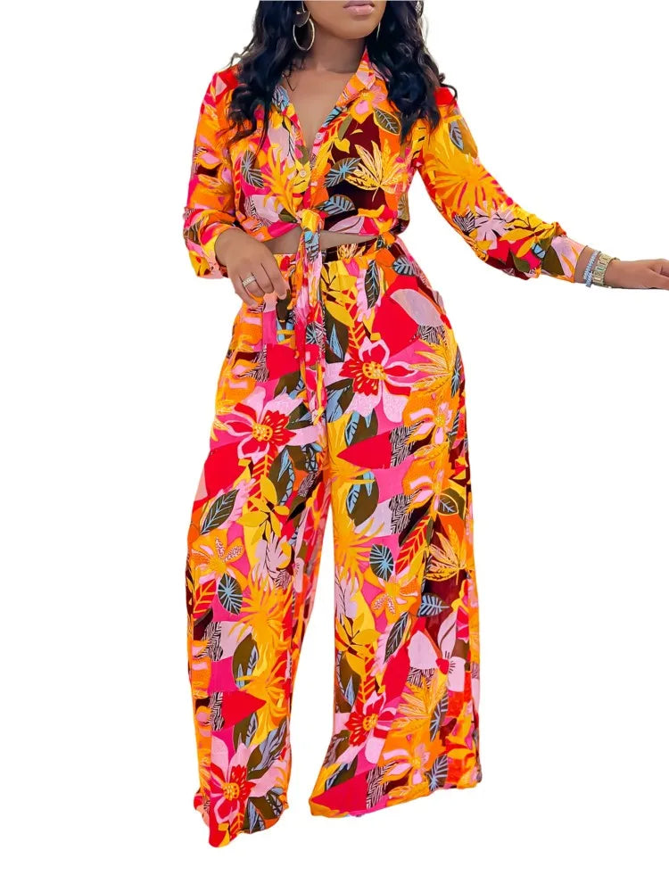 2024 Spring Summer Long Sleeved Printed Suit for Women – Lapel single-breasted shirt, wide-leg trousers, fashion-forward two-piece set. Available on FTFmarket.net, fast delivery in the UK.