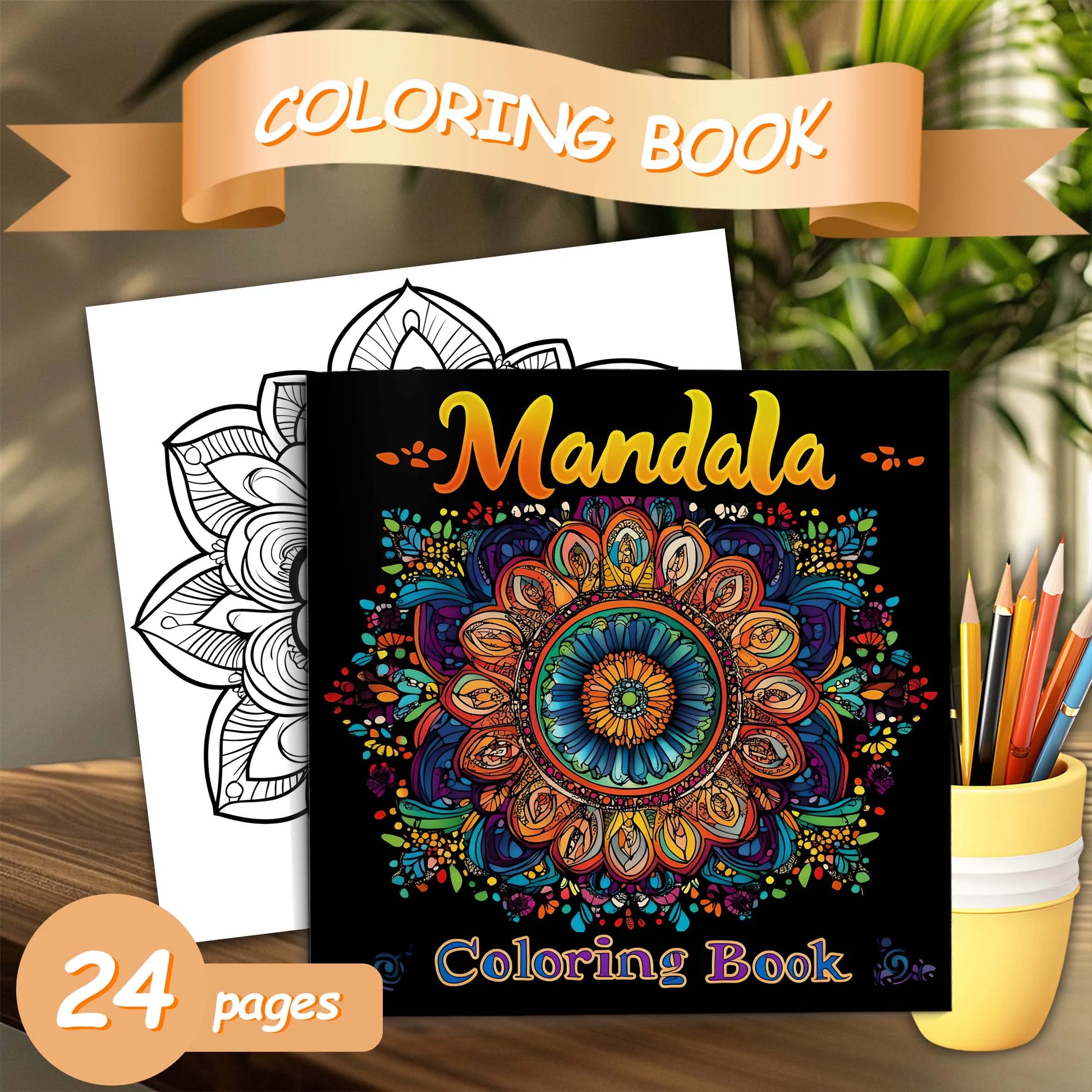 Coloring book with mandala design, coloring pencils, and a cup on a wooden surface. Mandala coloring book for adults, stress relief, relaxation, creative color practice, perfect birthday party gift, UK FTF Market.