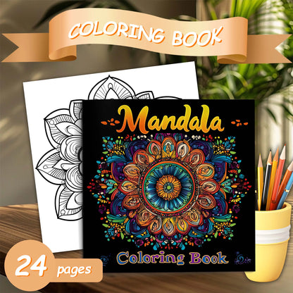 Coloring book with mandala design, coloring pencils, and a cup on a wooden surface. Mandala coloring book for adults, stress relief, relaxation, creative color practice, perfect birthday party gift, UK FTF Market.