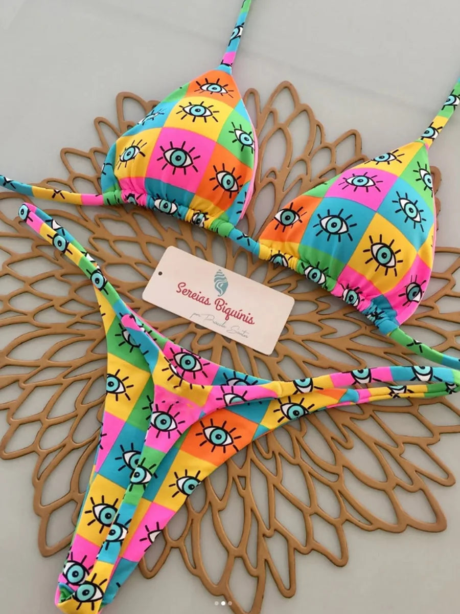 Multicolor floral micro bikini set halter top — Brazilian thong beach swimwear women