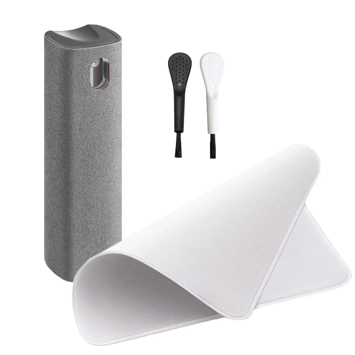 Gray shoe shine kit with a stand, black and white shoes, and a white cloth on a white background. 4in1 microfiber screen cleaner spray with cloth for phones, tablets, computers, glasses. Portable, streak-free, safe for all screens, UK FTF Market.