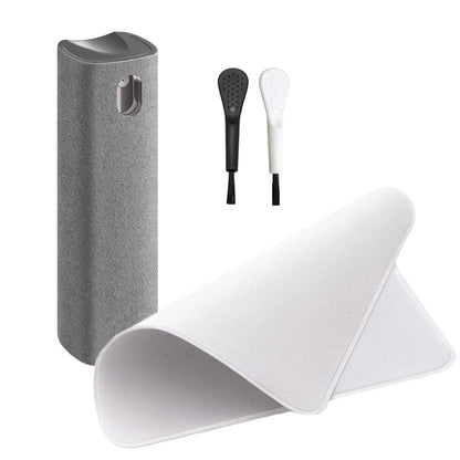 Gray shoe shine kit with a stand, black and white shoes, and a white cloth on a white background. 4in1 microfiber screen cleaner spray with cloth for phones, tablets, computers, glasses. Portable, streak-free, safe for all screens, UK FTF Market.