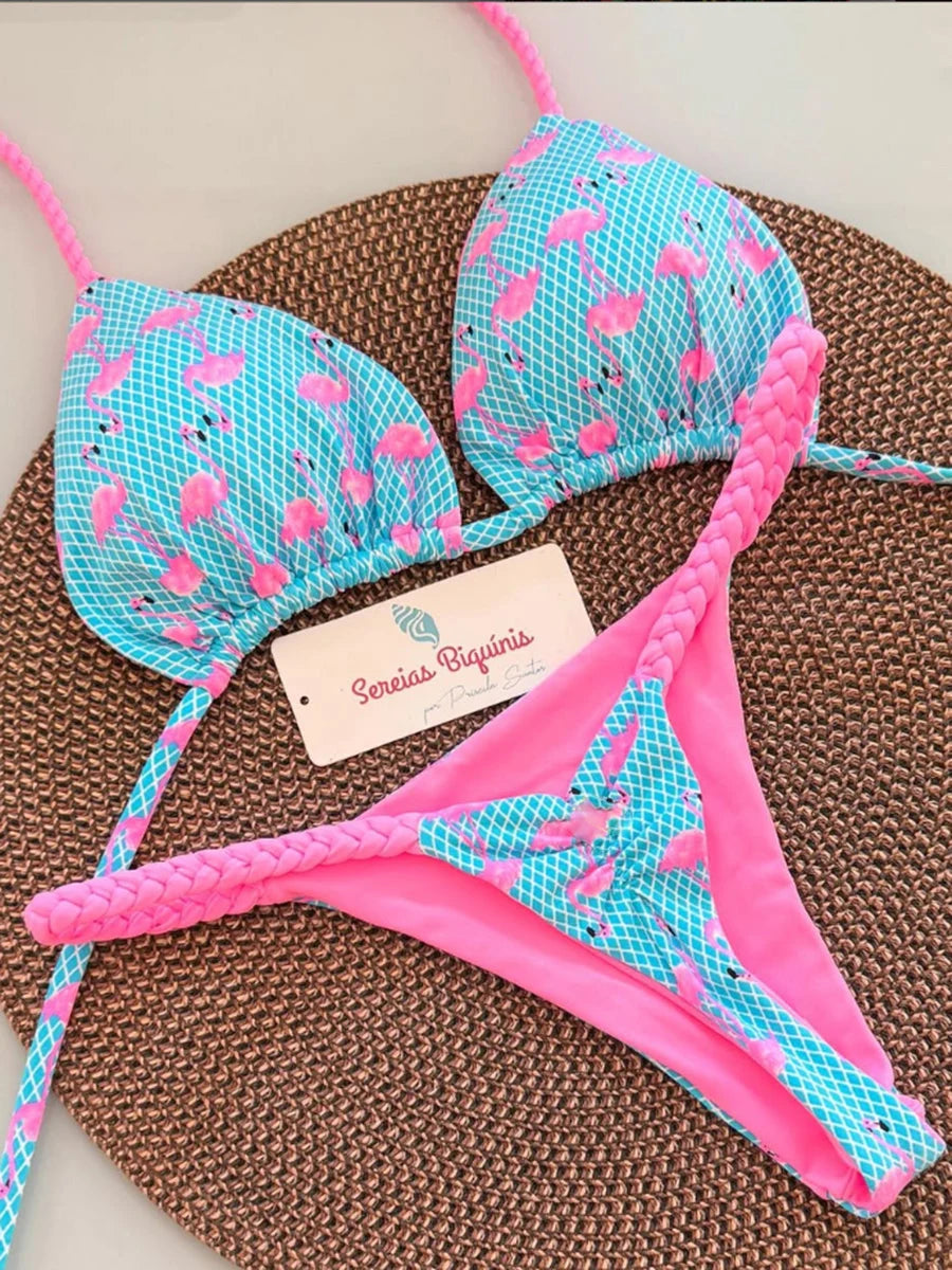 Floral print micro bikini set halter triangle — Brazilian thong swimwear women UK