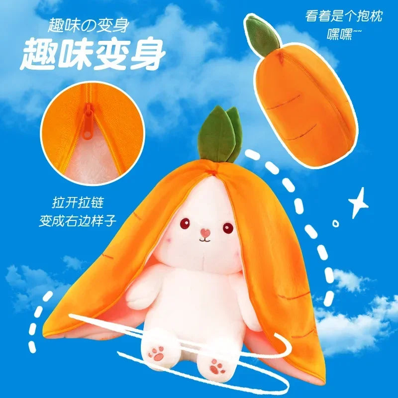 25CM Cute Transform Strawberry Rabbit Doll, plush toy, carrot rabbit, small fruit doll, bunny stuffed animal, gift, ftf fashion