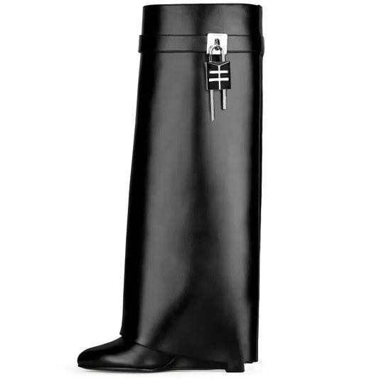 2025 Autumn Winter Lock Boots, women's designer knee boots, high heel, knight-inspired, fold fashion, gothic wedge, long boot.