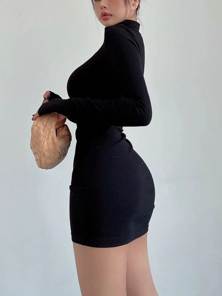 Turtleneck Long Sleeves Dress, black sexy pleated bodycon mini dress, medium stretch, velvet, slim fit, sheath silhouette, women's streetwear, party, club, Y2K clothing.