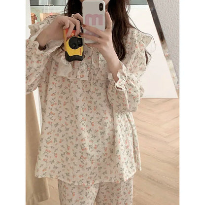 Discover the ftf fashion Floral Print Women Pajama Suit. Long sleeve set with turn-down collar and ankle-length pants. Perfect for lounging at home. Available at FTF Market. Floral Pajama Suit, Women's Pajama Set, Long Sleeve Pajamas, Autumn Pajamas, Floral Print Sleepwear, Two-Piece Pajama Set, Comfortable Pajamas, Trendy Sleepwear, FTF Market UK, ftf fashion