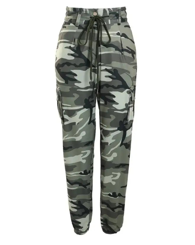 Women's Camouflage Print Cargo Pants with Drawstring and Pockets