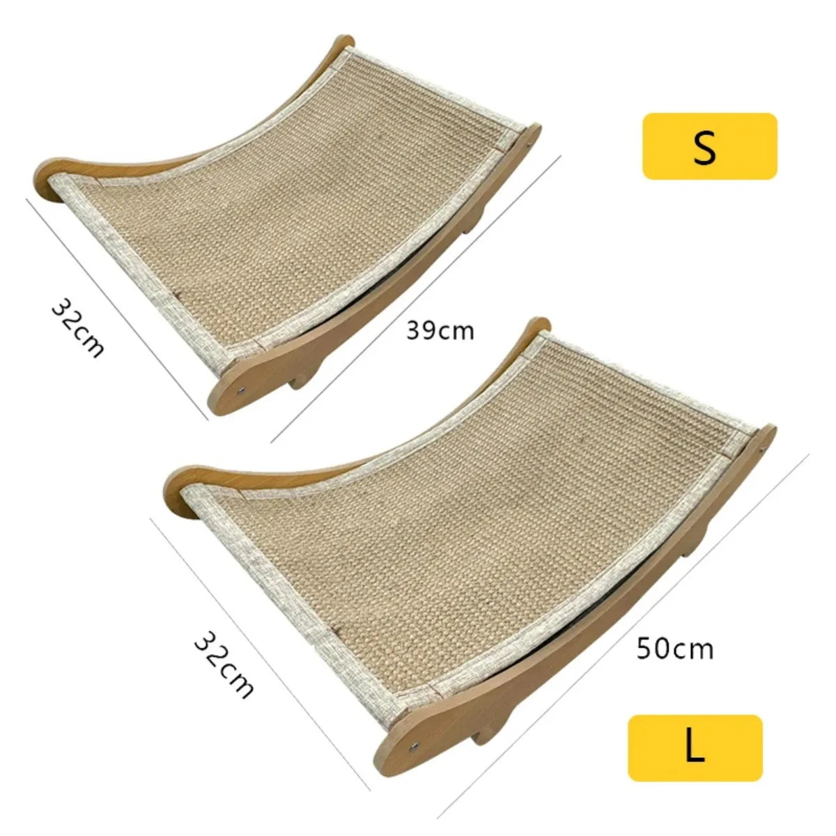 Two sizes of a cat scratcher with dimensions labeled on a white background. Wooden cat scratching pad & bed, single layer, sisal surface, pet furniture, kitten recliner, multi-purpose cat toy for lounging and claw care.