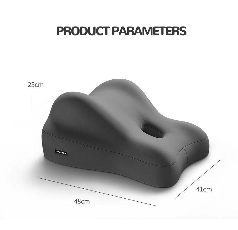 Black neck pillow with dimensions on a white background