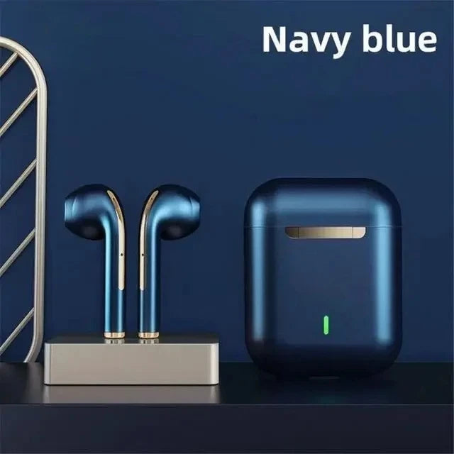Navy blue wireless earbuds with charging case on a dark background. J18 wireless Bluetooth earphones, in-ear sport headset, waterproof, HiFi stereo sound, built-in microphone, UK FTF Market.