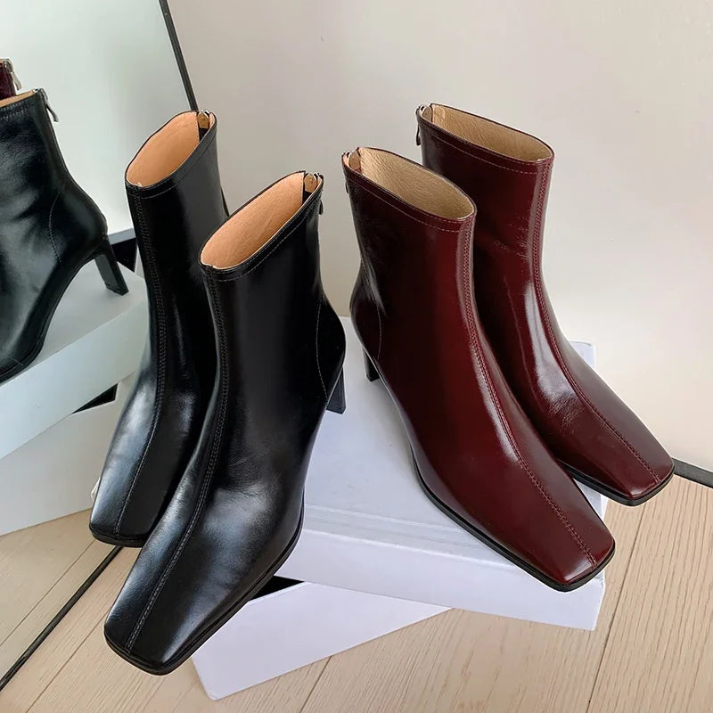 Women's Ankle Boots – Genuine leather, thick high heels, lace-up detailing, casual office wear, evening party dress booties. Available on FTFmarket.net, fast delivery in the UK.