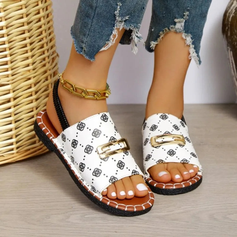 White geometric print flat sandals women UK — gold buckle detail, open toe, casual summer