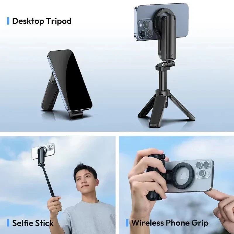 Desktop tripod, selfie stick, and wireless phone grip with smartphone attachments on a light blue background. Compact magnetic phone tripod with wireless remote grip for MagSafe iPhone and Android. Lightweight, extendable selfie stick tripod for perfect shots.
