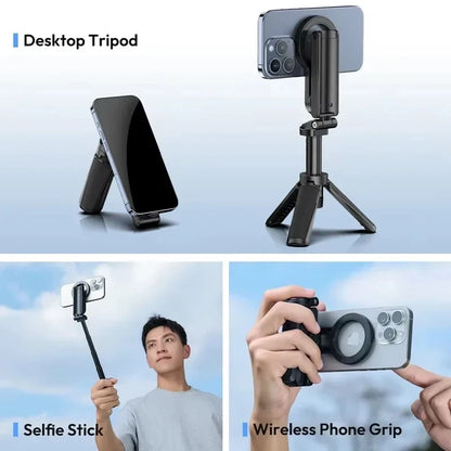 Desktop tripod, selfie stick, and wireless phone grip with smartphone attachments on a light blue background. Compact magnetic phone tripod with wireless remote grip for MagSafe iPhone and Android. Lightweight, extendable selfie stick tripod for perfect shots.