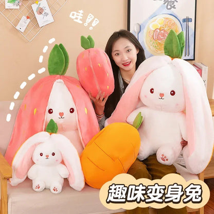 25CM Cute Transform Strawberry Rabbit Doll, plush toy, carrot rabbit, small fruit doll, bunny stuffed animal, gift, ftf fashion