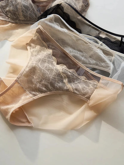 Silk lace brief detail — nude beige lace knicker with sheer mesh overlay women's lingerie UK