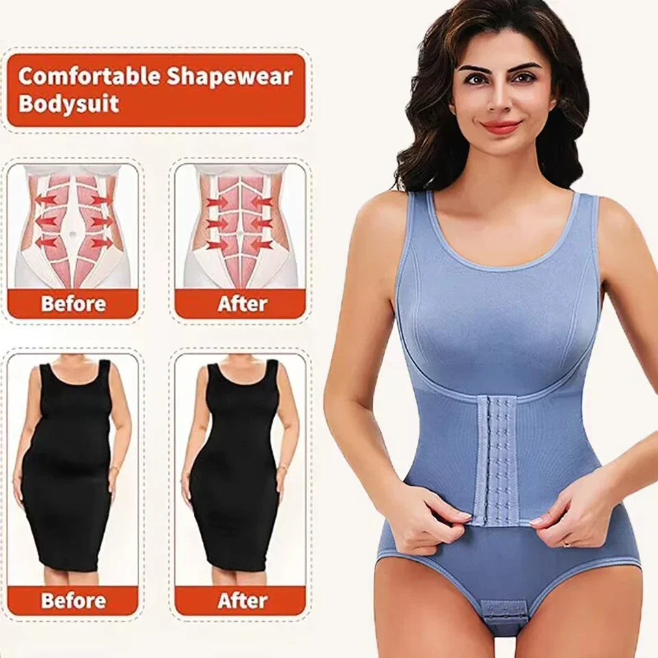 Woman wearing a blue shapewear bodysuit with before and after images on a white background. Women’s slimming bodysuit shapewear with zipper belt. Medium control, wire-free, seamless design with polyester/spandex fabric for all-day comfort.