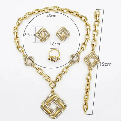 Dubai 18K gold plated 4-piece jewelry set size guide showing necklace 43cm, bracelet 19cm, earrings 2.7cm and ring 1.8cm