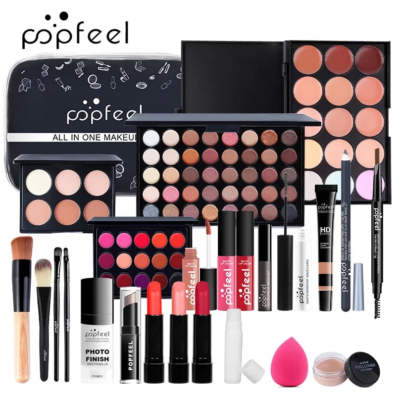 Popfeel makeup set with various products including palettes, brushes, and lip products. POPFEL all-in-one makeup kit with eyeshadow, eyeliner, eyebrow pencil, lip gloss. Full set for women’s flawless face makeup.