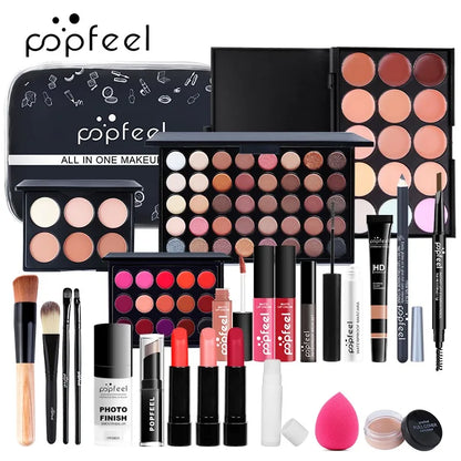 Popfeel makeup set with various products including palettes, brushes, and lip products. POPFEL all-in-one makeup kit with eyeshadow, eyeliner, eyebrow pencil, lip gloss. Full set for women’s flawless face makeup.