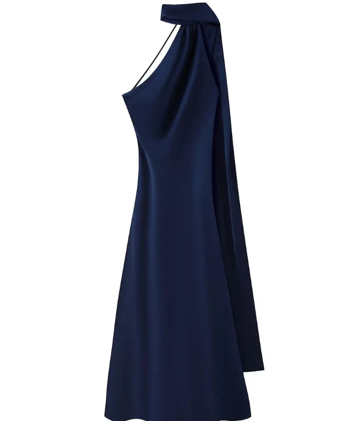 Navy blue one-shoulder dress on a white background