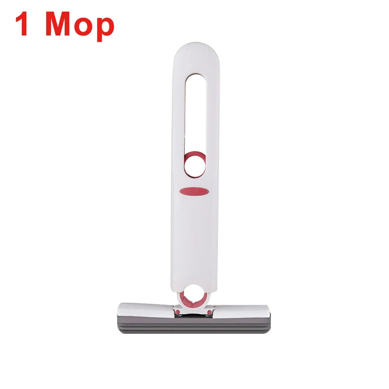 White mop handle with red accents on a white background. Powerful squeeze mini mop with microfiber sponge head. Portable mini mop with microfiber sponge head and self-squeeze pole. Perfect for multiple surfaces, compact design, easy to use. Fast UK shipping.
